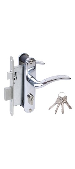 Замок Omega (Омега) врезной цилиндровый с защёлкой в комплекте с ручкой ЗВ4-55.27 (хром), 4 кл.