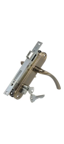 Замок Omega (Омега) врезной цилиндровый с защёлкой в комплекте с ручкой ЗВ4-70.27 (ант.бронза), 4 кл.