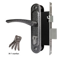  Замок Omega  врезной цилиндровый с защёлкой в комплекте с ручкой ЗВ7 (серебро), 4 кл.