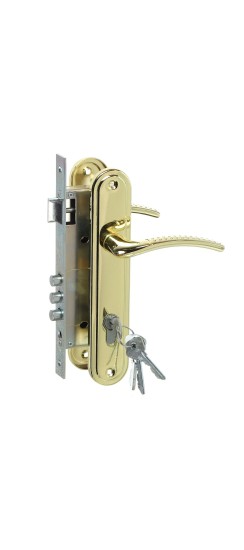 Замок Omega (Омега) врезной цилиндровый с защёлкой в комплекте с ручкой ЗВ4-85.27 (золото-лак), 4 кл.