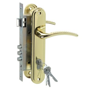 Замок врезной цилиндровый с защёлкой в комплекте с ручкой ЗВ4-85.27 (золото-лак), 4 кл.