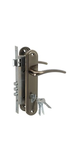 Замок Omega (Омега) врезной цилиндровый с защёлкой в комплекте с ручкой ЗВ4-85.27 (ант.бронза), 4 кл.