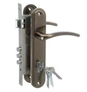 Замок врезной цилиндровый с защёлкой в комплекте с ручкой ЗВ4-85.27 (ант.бронза), 4 кл.