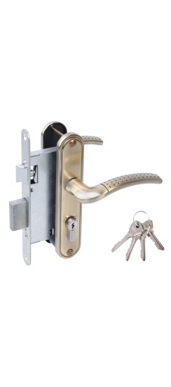 Замок Omega (Омега) врезной цилиндровый с защёлкой в комплекте с ручкой ЗВ4-55.27 (ант.бронза), 4 кл.