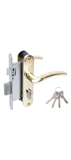 Замок Omega (Омега) врезной цилиндровый с защёлкой в комплекте с ручкой ЗВ4-55.27 (золото-лак), 4 кл.