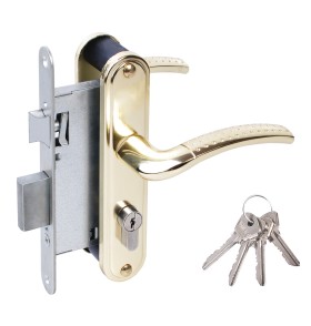 Замок врезной цилиндровый с защёлкой в комплекте с ручкой ЗВ4-55.27 (золото-лак), 4 кл.