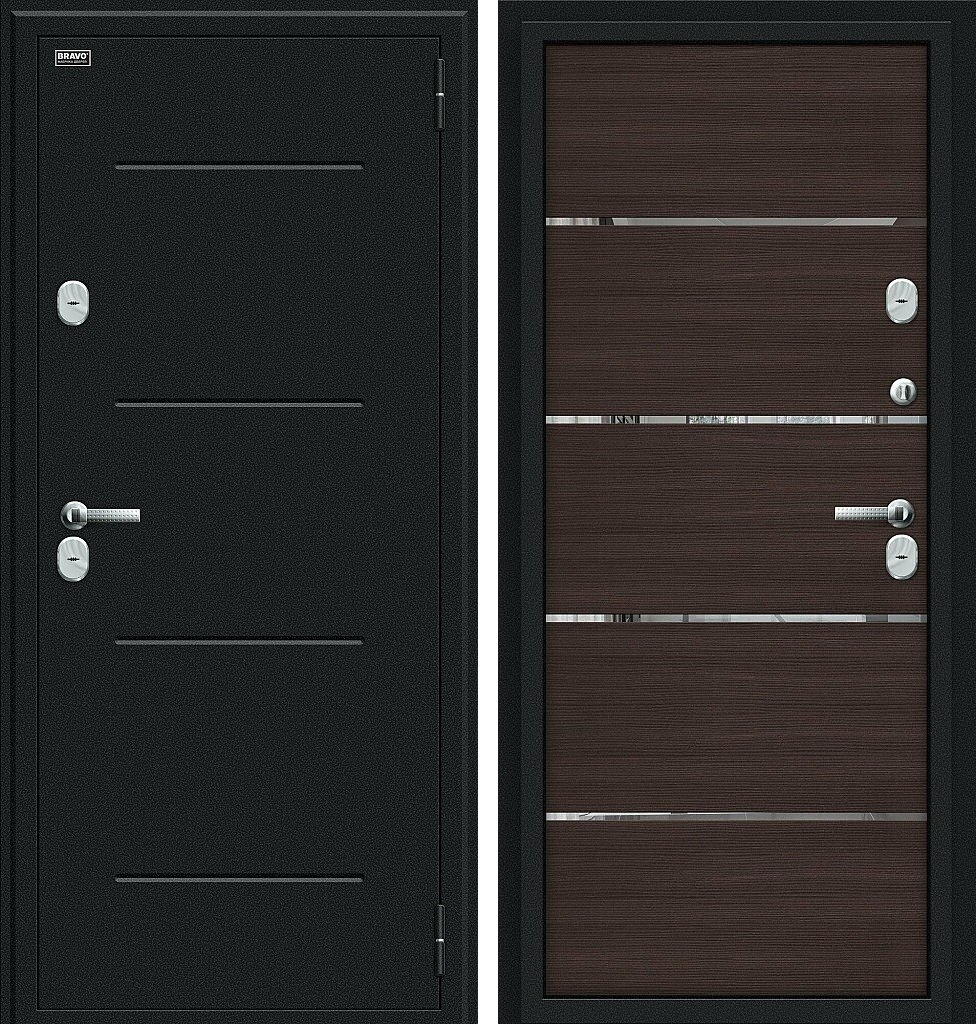 Входная дверь Thermo Лайн, цвет: Букле черное/Wenge Veralinga, из серии Bravo Thermo, 205*86, открывание - Левое